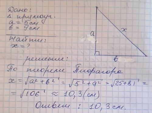 Высота прямоугольного треугольника 5 см, основание 9 см, как найти третью сторону? ​