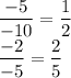 \dfrac{-5}{-10}=\dfrac{1}{2}\\\dfrac{-2}{-5}=\dfrac{2}{5}