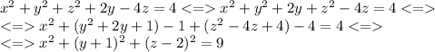 x^2+y^2+z^2+2y-4z=4x^2+y^2+2y+z^2-4z=4\\x^2+(y^2+2y+1)-1+(z^2-4z+4)-4=4\\x^2+(y+1)^2+(z-2)^2=9