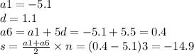a1 = - 5.1 \\ d = 1.1 \\ a6 = a1 + 5d = - 5.1 + 5.5 = 0.4 \\ s = \frac{a1 + a6}{2} \times n = (0.4 - 5.1)3 = - 14.9