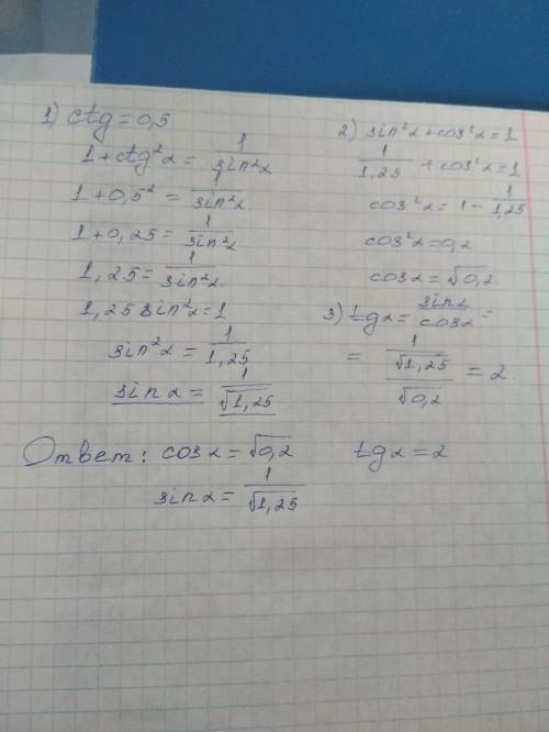 50 для острого угла a найдите его sin a, cos a, tg a если ctg a=0,5 распишите​