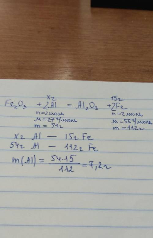 Какую массу алюминия необходимо взять для получения 15 г железа из оксида железа (3) алюминотермичес