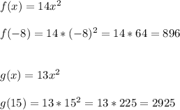 f(x)=14x^{2} \\\\f(-8)=14*(-8)^{2}=14*64=896\\\\\\g(x)=13x^{2}\\\\g(15)=13*15^{2}=13*225=2925