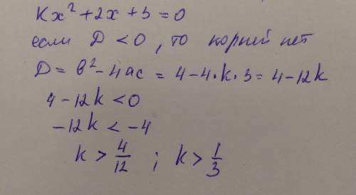 При каких значениях k уравнение kx^2+2x+3=0 не имеет корней?