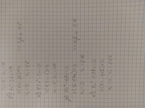 662. найдите корни уравнения: а) 5х2 + 3x = 0; в) 6х2 – 3,6x = 0; б) х2 - 11x = 0; г) 0,3х2 – 3x = 0