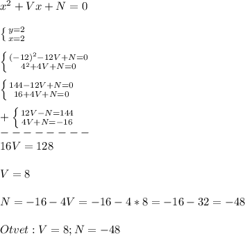 x^{2}+Vx+N=0\\\\\left \{ {{y=2} \atop {x=2}} \right. \\\\\left \{ {{(-12)^{2}-12V+N=0} \atop {4^{2}+4V+N=0 }} \right. \\\\\left \{ {{144-12V+N=0} \atop {16+4V+N=0}} \right. \\\\+\left \{ {{12V-N=144} \atop {4V+N=-16}} \right.\\--------\\16V=128\\\\V=8\\\\N=-16-4V=-16-4*8=-16-32=-48\\\\Otvet:V=8;N=-48