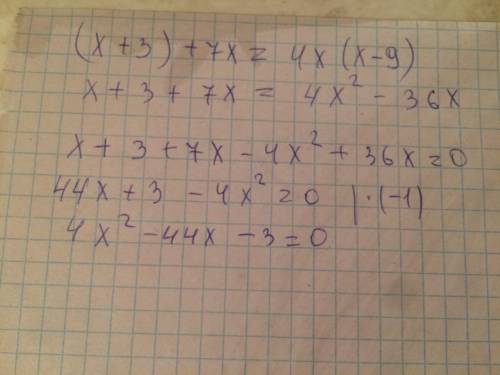 Преобразуйте уравнение (x+3)+7x=4x(x - 9) к виду ax^2+bx+c=0​