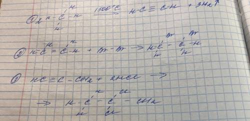 80 составить уравнения реакций структурными формулами: 1. ch4(1500°c) ⇒ 2. сh2=ch2+br2 ⇒ 3. cн≡с-с