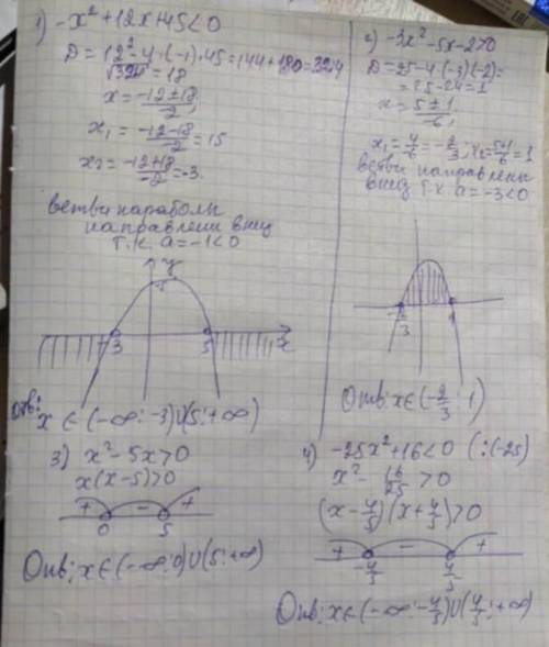 Решите неравенство 1)-x^2+12x+45< 0. 2)-3x^2-5x-2> 0. 3)x^2-5x> 0. 4)-25x^2+16< 0 дискри