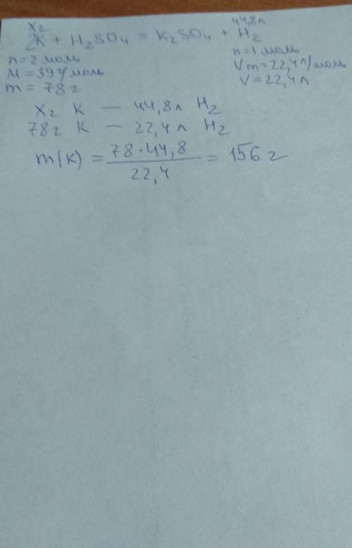 при взаимодействии калия с серной кислотой выделилось 44,8 л водорода. какая масса металла потребова