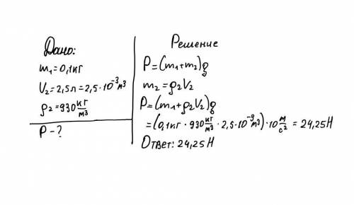 Вкувшине массой 0.1 кг находится 2.5л подсолнечного масла. найдите силу, с которой кувшин с маслом д