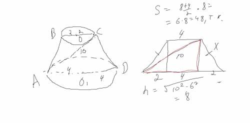 Диагональ осевого сечения усеченного конуса равна 10 см, радиус основ - 2 см и 4 см. вычислите площа
