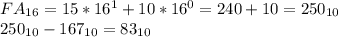 FA_{16} = 15*16^{1} +10*16^{0} = 240+10 = 250_{10}\\250_{10} -167_{10} = 83_{10}