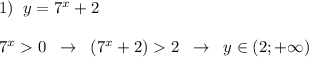 1)\; \; y=7^{x}+2\\\\7^{x}0\; \; \to \; \; (7^{x}+2)2\; \; \to \; \; y\in (2;+\infty)