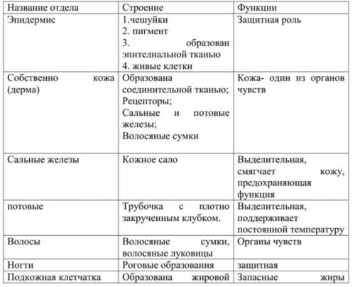 Таблица по биологии 8 класс покровы тела: 1 столбик: слой кожи 2.особенности строения 3.функция я зн