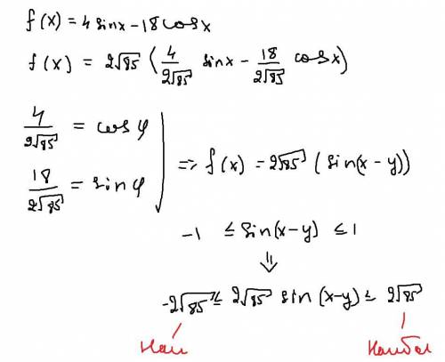 Вычисли наибольшее и наименьшее значения функции y(x)=4⋅sinx−18⋅cosx