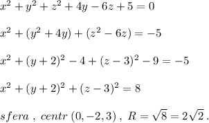 x^2+y^2+z^2+4y-6z+5=0\\\\x^2+(y^2+4y)+(z^2-6z)=-5\\\\x^2+(y+2)^2-4+(z-3)^2-9=-5\\\\x^2+(y+2)^2+(z-3)^2=8\\\\sfera\; ,\; centr\; (0,-2,3)\; ,\; R=\sqrt8=2\sqrt2\; .
