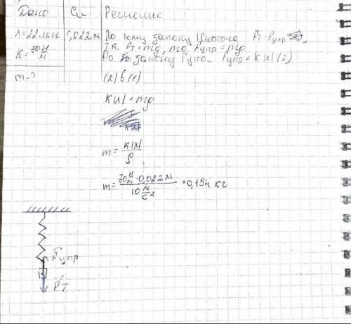 Под действием груза пружина растянулась на 20 мм. жесткость пружины равна 70 н/м. чему равна масса г
