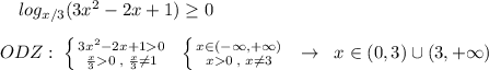 \quad log_{x/3}(3x^2-2x+1)\geq 0\\\\ODZ:\; \left \{ {{3x^2-2x+10} \atop {\frac{x}{3}0\; ,\; \frac{x}{3}\ne 1}} \right.\; \; \left \{ {{x\in (-\infty ,+\infty )} \atop {x0\; ,\; x\ne 3}} \right.\; \; \to \; \; x\in (0,3)\cup (3,+\infty )