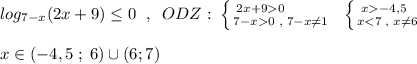 log_{7-x}(2x+9)\leq 0\; \; ,\; \; ODZ:\; \left \{ {{2x+90\; \; \qquad } \atop {7-x0\; ,\; 7-x\ne 1}} \right.\; \; \left \{ {{x-4,5\; \; } \atop {x