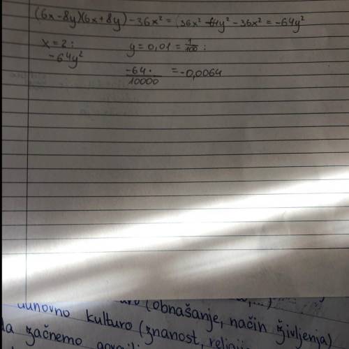 Найди значение выражения: (6x−8y)⋅(6x+8y)−36x^2, если x=2 и y=0,01.найди значение выражения: (6x−8y)