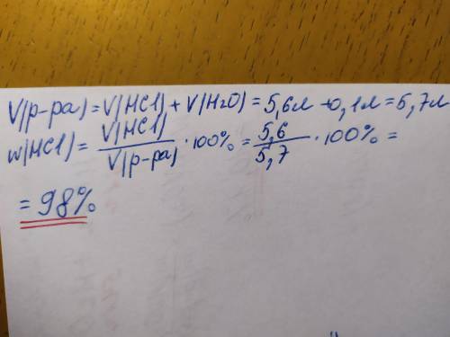 Определите концентрацию (%) соляной кислоты, образовавшейся в результате растворения 5,6 л хлорида в