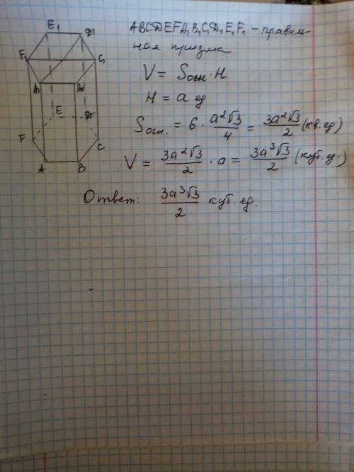 Знайдіть об'єм правильної шестикутної призми, кожне ребро якої дорівнює a ​
