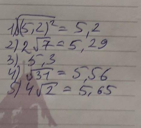 Расположите числа в порядке возрастания: √31; √(5,2)^2; 4√2; 2√7; 5,3. ответ обоснуйте.