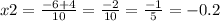 x2 = \frac{ - 6 + 4}{10} = \frac{-2}{10} = \frac{-1}{5} = - 0.2