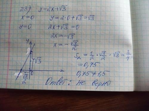 Верно ли утверждение? прямая y=2x+корень из 3 образует с координатными осями треугольник, площадь к