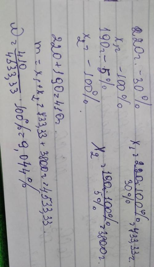 Слили два раствора соляной кислоты 220г 30%го и 190г 5%. рассчитайте массовую долю кислоты в получен