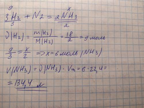 Определите объем аммиака nh3, который получили при реакции 18 г. водорода с азотом. 3h2+n2=2nh3​