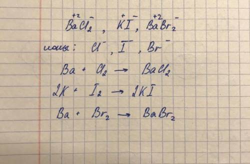Составьте формулы хлорида бария, иодида калия, бромида бария. из каких ионов они состоят? определите