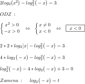 2log_2\big(x^2\big)-log^2_2\big(-x\big)=3\\\\ODZ\::\\\\\left \{{{\big{x^20}}\atop{\big{-x0}}}\right.\:\:\:\Leftrightarrow\:\:\:\left\{{{\big{x\neq0}}\atop{\big{x