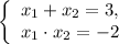 \left\{\begin{array}{ccc}x_{1} + x_{2} = 3,\\x_{1} \cdot x_{2} = -2\\\end{array}\right