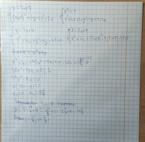 Прямая y=5x+b проходит через центр окружности (x+1)^2 + (y-2)^2 = 26. Одна из точек пересечения прям