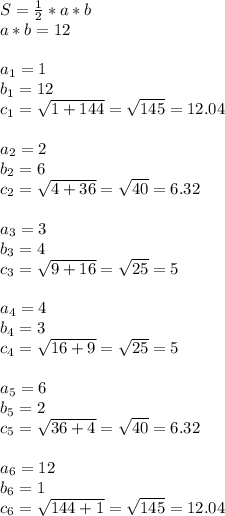 S=\frac{1}{2}* a*b\\a*b=12\\\\a_1=1\\b_1=12\\c_1=\sqrt{1+144} =\sqrt{145} =12.04\\\\a_2=2\\b_2=6\\c_2=\sqrt{4+36} =\sqrt{40} =6.32\\\\a_3=3\\b_3=4\\c_3=\sqrt{9+16} =\sqrt{25} =5\\\\a_4=4\\b_4=3\\c_4=\sqrt{16+9} =\sqrt{25} =5\\\\a_5=6\\b_5=2\\c_5=\sqrt{36+4} =\sqrt{40} =6.32\\\\a_6=12\\b_6=1\\c_6=\sqrt{144+1} =\sqrt{145} =12.04