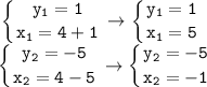 \displaystyle \tt \left \{ {{y_1=1} \atop {x_1=4+1}} \right. \to \left \{ {{y_1=1} \atop {x_1=5}} \right. \\\left \{ {{y_2=-5} \atop {x_2=4-5}} \right. \to\left \{ {{y_2=-5} \atop {x_2=-1}} \right.