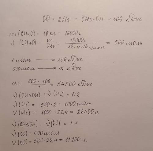 По термохимическому уравнению реакции CO+2H2 -> CH3OH+109кДж, Вычислите объемы исходных веществ (