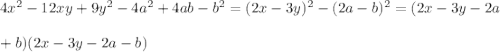 4x^2 - 12xy + 9y^2 - 4a^2 + 4ab - b^2 = (2x - 3y)^2 -(2a - b)^2 = (2x - 3y - 2a \\\\+ b)(2x - 3y - 2a-b)