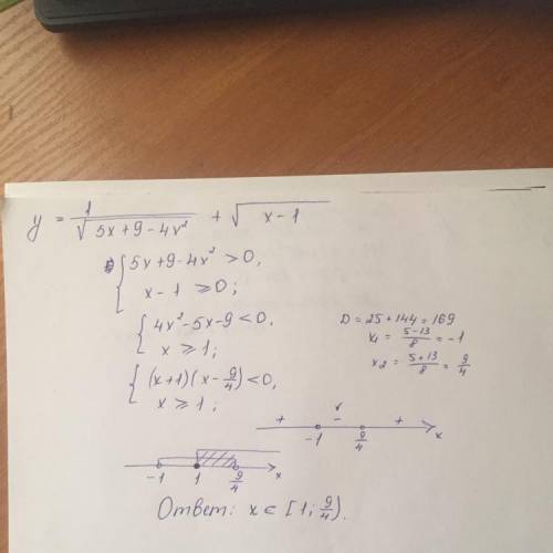 Знайти область допустимих значень y= 1/√5x+9-4x² + √x-1​