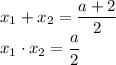 x_{1} + x_{2} = \dfrac{a + 2}{2} \\x_{1} \cdot x_{2} = \dfrac{a}{2}