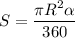 \displaystyle \[S=\frac{{\pi {R^2}\alpha}}{{360}}\]