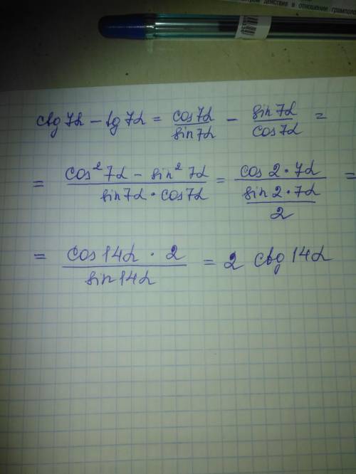 Довести тотожнисть ctg7a-tg7a=ctg 14a