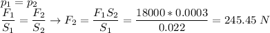 p_1 = p_2\\\dfrac{F_1}{S_1} = \dfrac{F_2}{S_2} \to F_2 = \dfrac{F_1S_2}{S_1} = \dfrac{18000*0.0003}{0.022} = 245.45~N