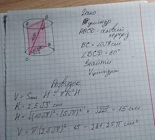 Діагональ осьового перерізу циліндра дорівнює 10√3 см і утворює з площиною основи кут 60°. Знайдіть
