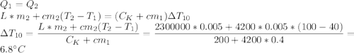 Q_1 = Q_2\\L*m_2 + cm_2(T_2 - T_1) = (C_K + c m_1)\Delta T_{10}\\\Delta T_{10} = \dfrac{L*m_2 + cm_2(T_2 - T_1) }{C_K + c m_1} = \dfrac{2300000*0.005+4200*0.005*(100-40)}{200+4200*0.4} = 6.8^\circ C