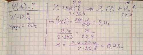 Какой объём газа выделится при взаимодействии цинка с 20 г 12% раствора соляной кислоты?