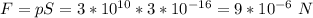 F = pS = 3*10^{10} * 3*10^{-16} = 9*10^{-6} ~N