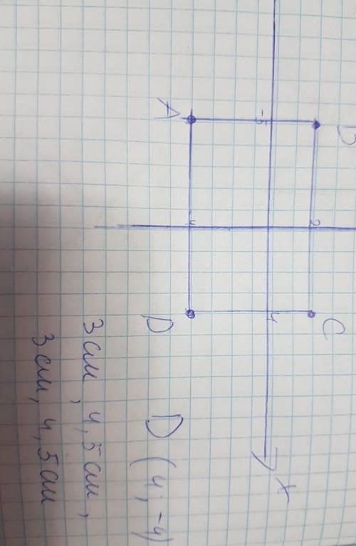 Используя координаты трёх вершин А ( -5; -4), В (-5; 2), и С ( 4; 2) прямоугольника АВСD а) начертит